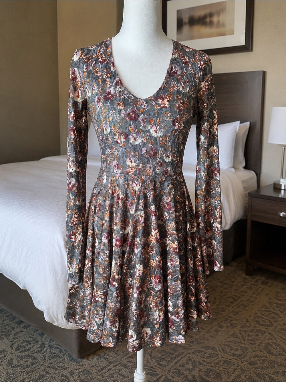 Rewind Gray Floral  knee length  Skater style Dress with Pink & Brown Accents